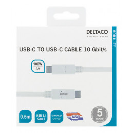 Deltaco USBC-1406M USB-kaapeli 0,5 m USB 3.2 Gen 2 (3.1 Gen 2) Valkoinen