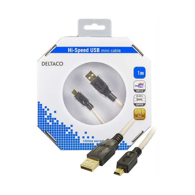 Deltaco USB-24-K USB-kaapeli 1 m USB 2.0 USB A Mini-USB B Beige, Musta