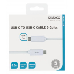 Deltaco USBC-1058M USB-kaapeli 0,5 m USB 3.2 Gen 1 (3.1 Gen 1) Valkoinen