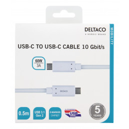 Deltaco USBC-1126M USB-kaapeli 0,5 m USB 3.2 Gen 2 (3.1 Gen 2) Valkoinen