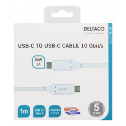 Deltaco USBC-1127M USB-kaapeli 1 m USB 3.2 Gen 2 (3.1 Gen 2) Valkoinen