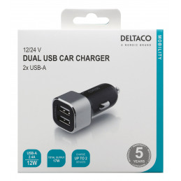 Deltaco USB-CAR126 mobiililaitteen laturi Musta, Hopea Auto