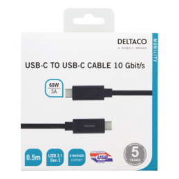 Deltaco USBC-1121M USB-kaapeli 0,5 m USB 3.2 Gen 2 (3.1 Gen 2) Musta