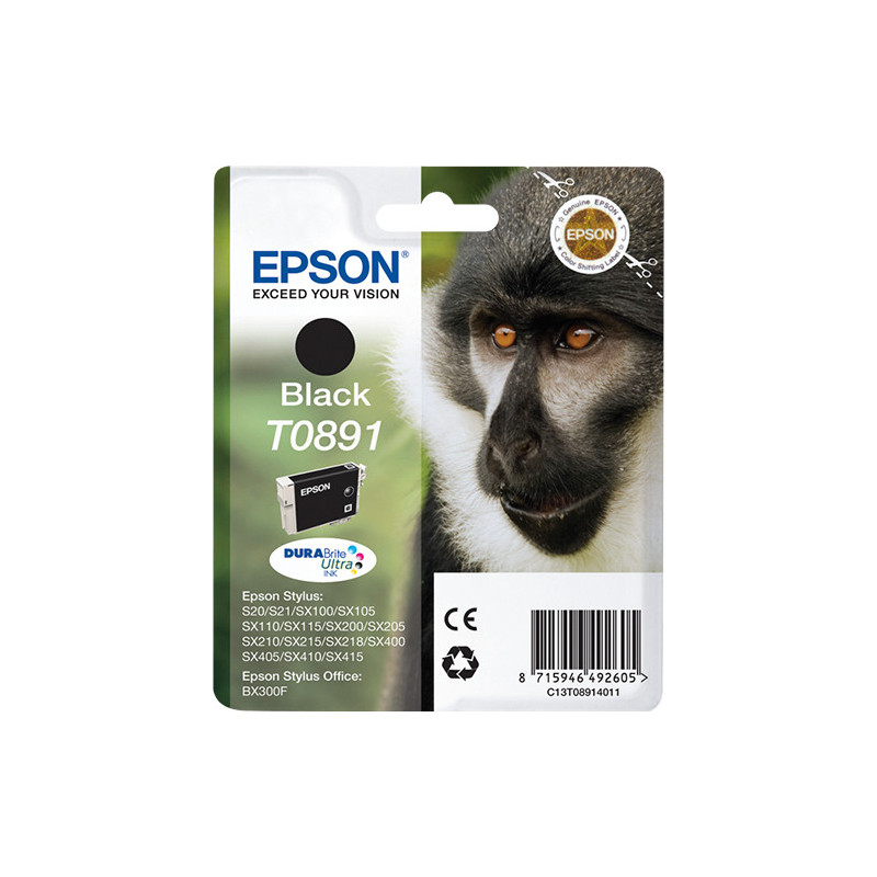 Epson Monkey Yksittäispakkaus, musta T0891 DURABrite Ultra -muste