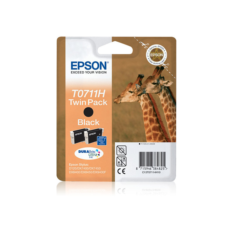 Epson Giraffe Kaksoispakkaus, mustepatruuna musta T0711H, kaksoispakkaus T0711H DURABrite Ultra -muste