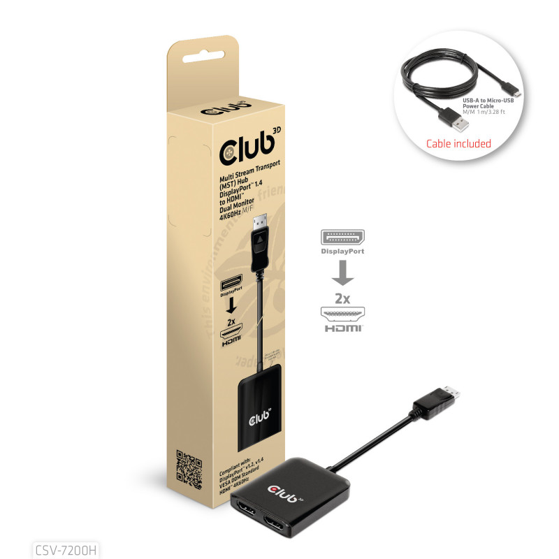 CLUB3D CSV-7200H videohaaroitin DisplayPort 2x HDMI