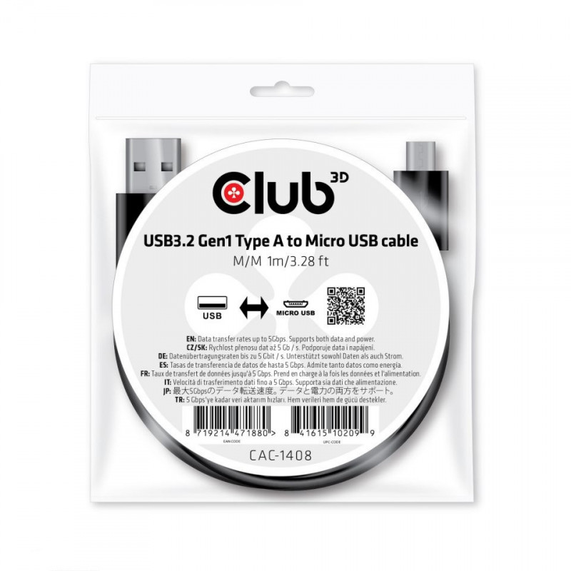 CLUB3D CAC-1408 USB-kaapeli 1 m USB 3.2 Gen 1 (3.1 Gen 1) USB A Micro-USB B Musta