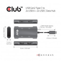 CLUB3D CSV-1542 keskitin USB 3.2 Gen 2 (3.1 Gen 2) Type-C 10000 Mbit s Puuhiili, Harmaa