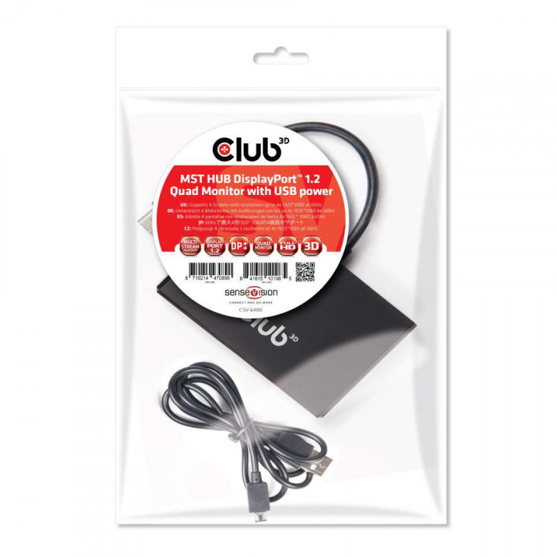 CLUB3D Multi Stream Transport Hub DisplayPort 1.2 Quad Monitor USB Powered