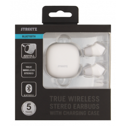 STREETZ True Wireless -nappikuulokkeet, IPX6, latauskotelo, valkoinen