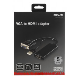 Deltaco VGA-HDMI6 videokaapeli-adapteri 0,12 m HDMI-tyyppi A (vakio) VGA (D-Sub) + USB Musta