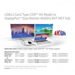 CLUB3D USB3.2 Gen2 Type-C(DP Alt-Mode) to DisplayPort Dual Monitor 4K60Hz M F MST hub