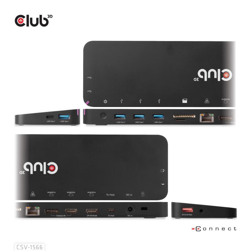 CLUB3D CSV-1566 kannettavien tietokoneiden telakka ja porttitoistin Telakointi USB 3.2 Gen 1 (3.1 Gen 1) Type-C