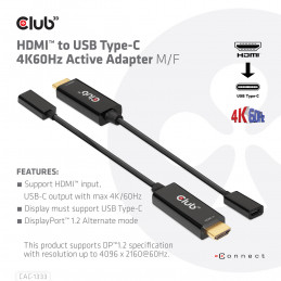 CLUB3D CAC-1333 videokaapeli-adapteri 0,22 m HDMI-tyyppi A (vakio) USB Type-C Musta