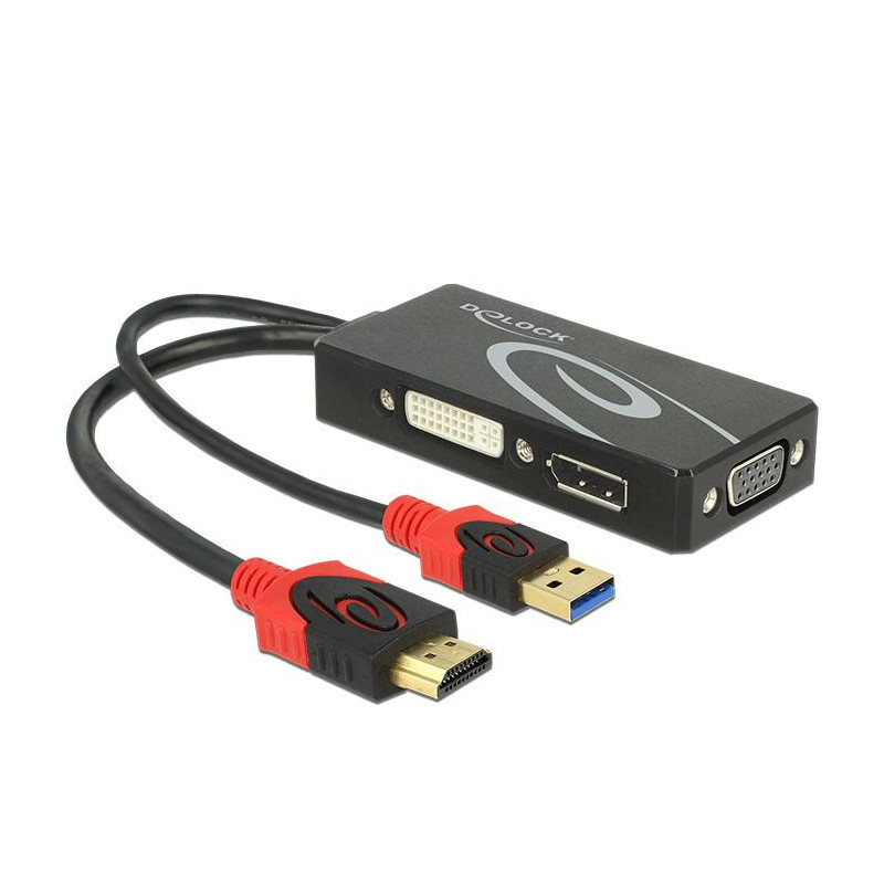 DeLOCK 62959 videokaapeli-adapteri 0,135 m HDMI + USB DVI-I + VGA (D-Sub) Musta, Punainen