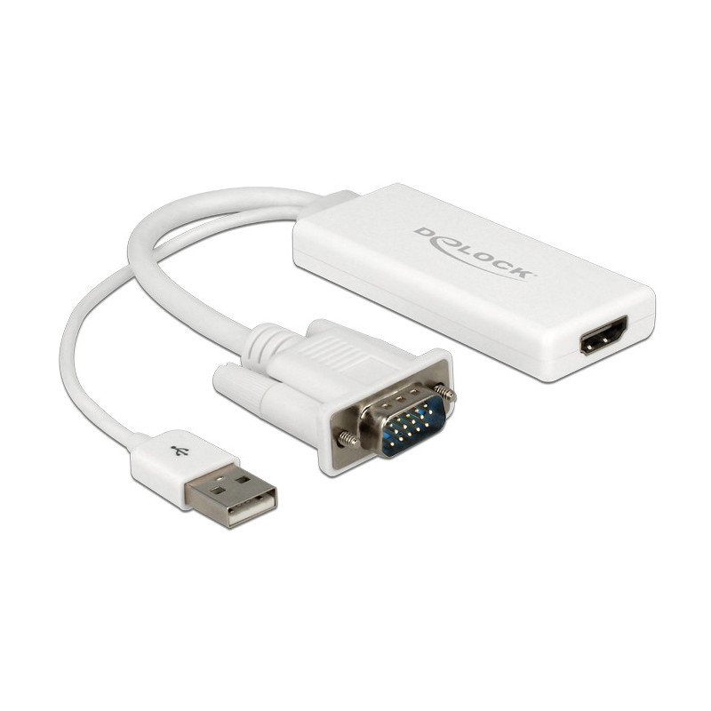 DeLOCK 62460 videokaapeli-adapteri 0,25 m HDMI-tyyppi A (vakio) VGA (D-Sub) + USB Valkoinen