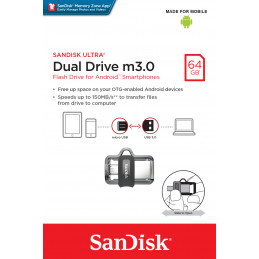 SanDisk Ultra Dual m3.0 USB-muisti 64 GB USB Type-A   Micro-USB 3.2 Gen 1 (3.1 Gen 1) Musta, Hopea, Läpinäkyvä