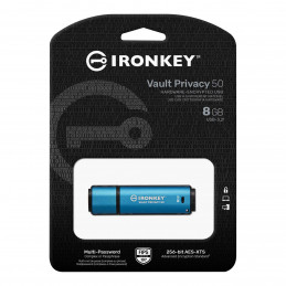 Kingston Technology IronKey Vault Privacy 50 USB-muisti 8 GB USB A-tyyppi 3.2 Gen 1 (3.1 Gen 1) Sininen