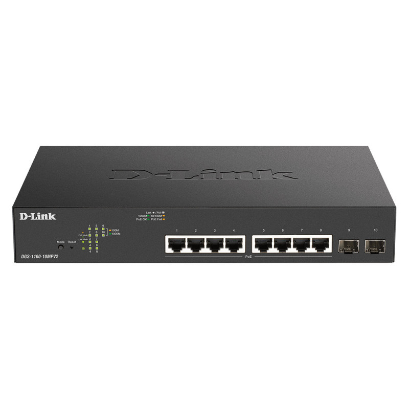 D-Link DGS-1100-10MPV2 verkkokytkin Hallittu L2 Gigabit Ethernet (10 100 1000) Power over Ethernet -tuki 1U Musta
