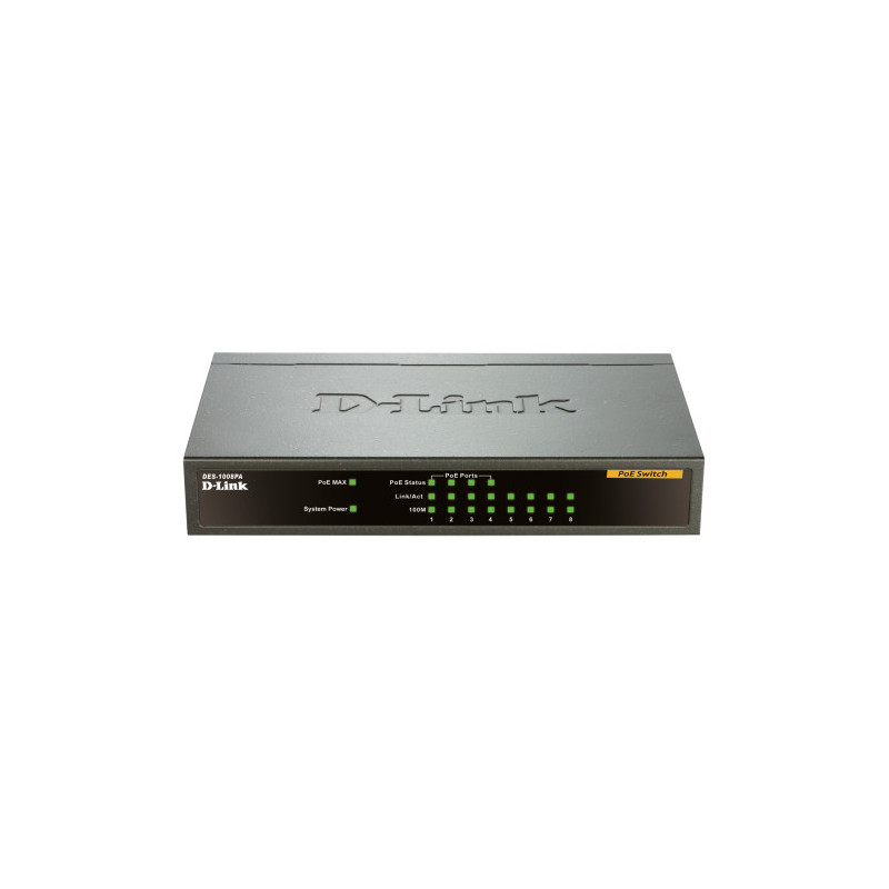 D-Link DES-1008PA verkkokytkin Hallitsematon Fast Ethernet (10 100) Power over Ethernet -tuki Musta