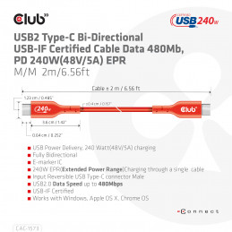 CLUB3D CAC-1573 USB-kaapeli 2 m USB4 Gen 2x2 USB C Punainen