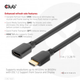 CLUB3D Ultra High Speed HDMI Extension Cable 4K120Hz 8K60Hz 48Gbps M F 1 m   3.28 ft 30AWG