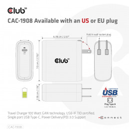 CLUB3D Travel Charger 100 Watt GAN technology, USB-IF TID certified, Single port USB Type-C, Power Delivery(PD) 3.0 Support