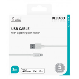 Deltaco IPLH-403 USB-kaapeli 3 m USB 2.0 USB A Lightning Valkoinen