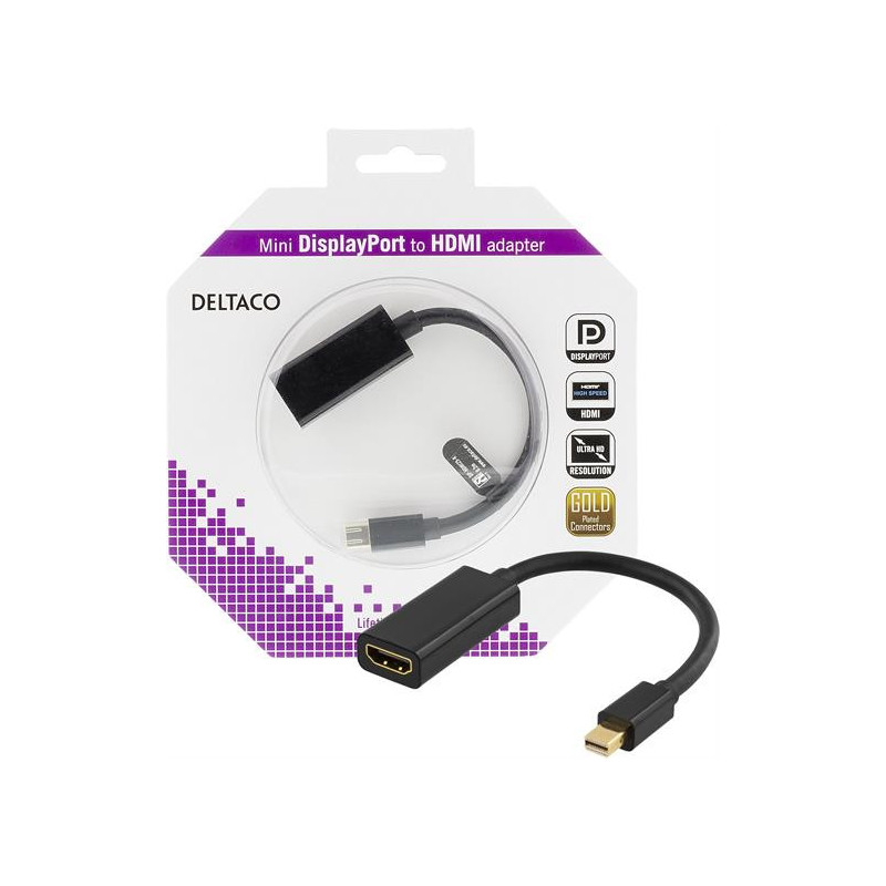 Deltaco DP-HDMI25-K videokaapeli-adapteri 0,2 m Mini DisplayPort HDMI Musta