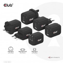 CLUB3D Travel Charger PPS 65Watt GAN technology, Triple port (2x USB Type-C + USB Type-A) Power Delivery(PD) 3.0 Support