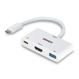 Lindy 43340 videokaapeli-adapteri 0,18 m HDMI + USB Type-A USB Type-C Valkoinen