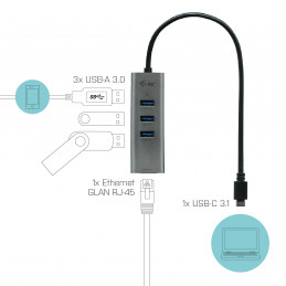 i-tec Metal C31METALG3HUB keskitin USB 3.2 Gen 2 (3.1 Gen 2) Type-C 5000 Mbit s Harmaa