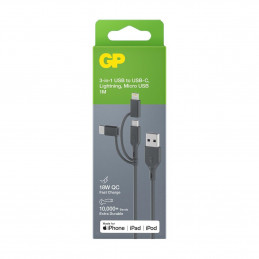 GP Batteries CY1N USB-kaapeli 1 m USB A USB C Micro-USB B Lightning Harmaa