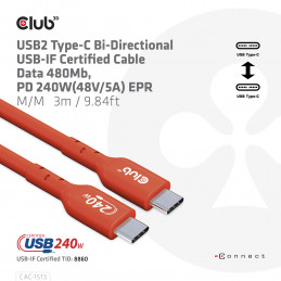 CLUB3D USB2 Type-C Bi-Directional USB-IF Certified Cable Data 480Mb, PD 240W(48V 5A) EPR M M 3m   9.84 ft