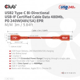 CLUB3D USB2 Type-C Bi-Directional USB-IF Certified Cable Data 480Mb, PD 240W(48V 5A) EPR M M 3m   9.84 ft