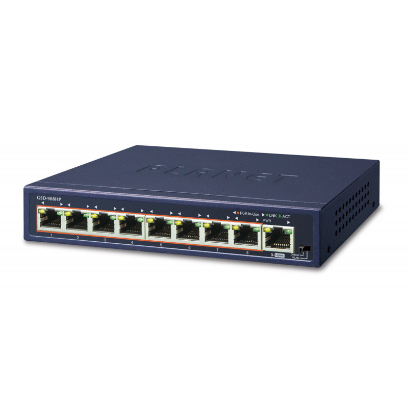 PLANET GSD-908HP verkkokytkin Hallitsematon Gigabit Ethernet (10 100 1000) Power over Ethernet -tuki Sininen