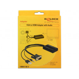 DeLOCK 62597 videokaapeli-adapteri 0,25 m HDMI-tyyppi A (vakio) VGA (D-Sub) + 3.5mm + USB Type-A Musta